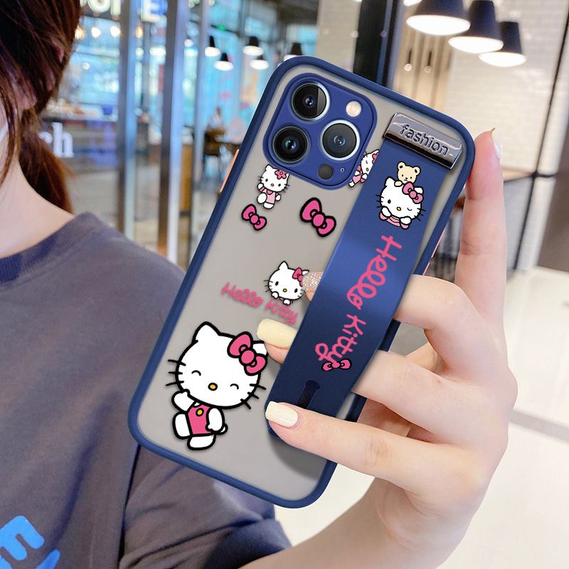 UCUC for iPhone 13 Pro Max Wrist Strap Case Lovely KT Cat Wristband Printing Cover Shockproof Ultra Thin Phone Case