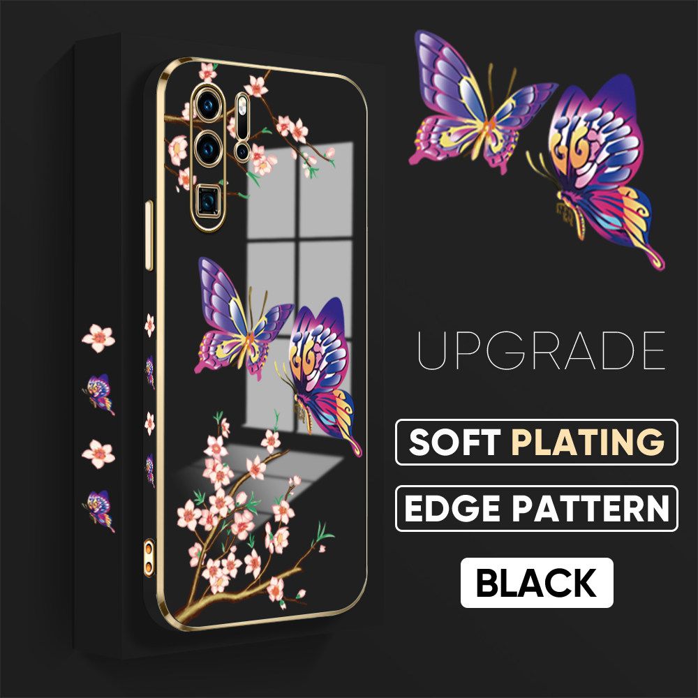 Jizetin (Free Lanyard) Huawei P30 Pro Back Cover Peach Blossom and Butterfly Luxury 6D Plating Case Side Pattern Soft Silicone Square Mobile Phone Cases