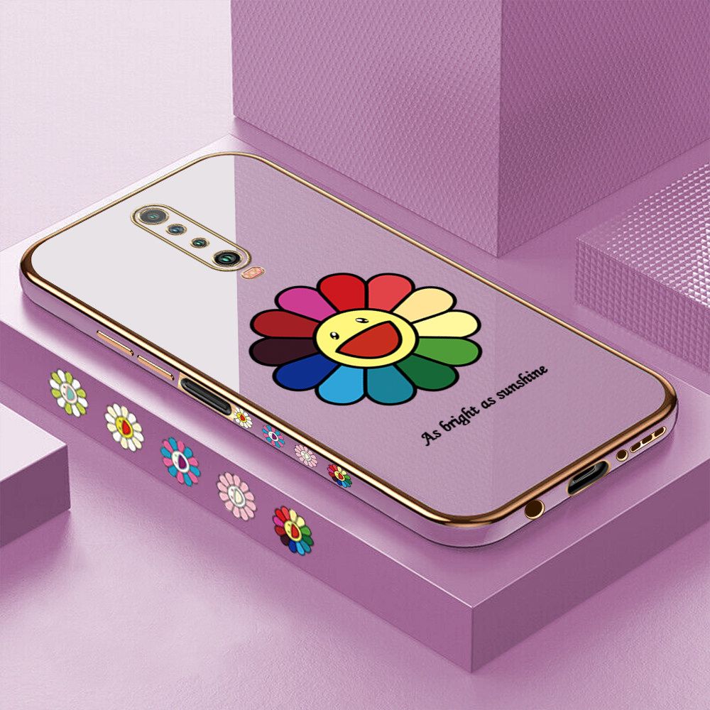Luxury 6D Plating Case for Redmi K30 Colored Sunflower Side Pattern Back Cover Soft Silicone Square Frame Shiny Bling Phone Cases + Free Lanyard