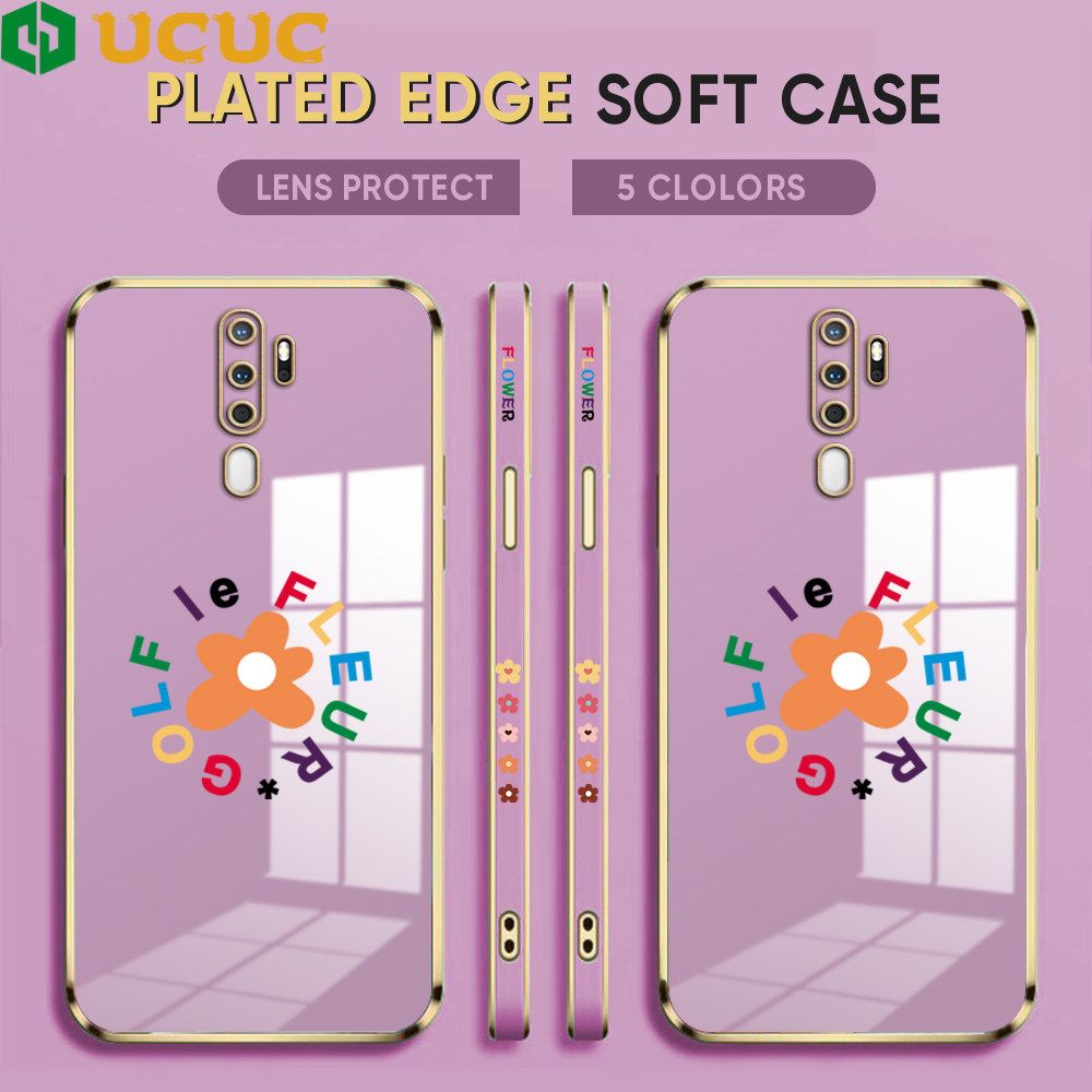 UCUC for OPPO A5 2020 / A9 2020 Back Cover + Free Lanyard Colorful Flower Luxury 6D Plating Case Side Pattern Soft Silicone Square Phone Cases