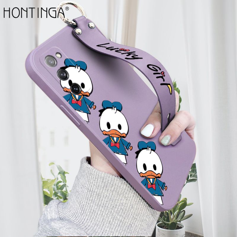 Hontinga for Samsung Galaxy S20 FE 4G / 5G Wrist Strap Case Cute Cartoon Little Duck Phone Case Square Edge Liquid Silicone Case Full Cover Camera Shockproof Protective Cases