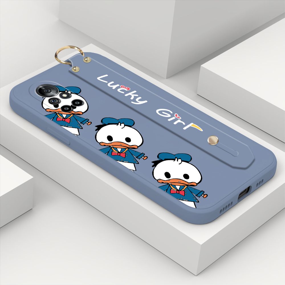 ZeroQiQi for Huawei Nova 8 Wrist Strap Case Cute Cartoon Little Duck Phone Case Square Edge Liquid Silicone Case Full Cover Camera Shockproof Protective Cases