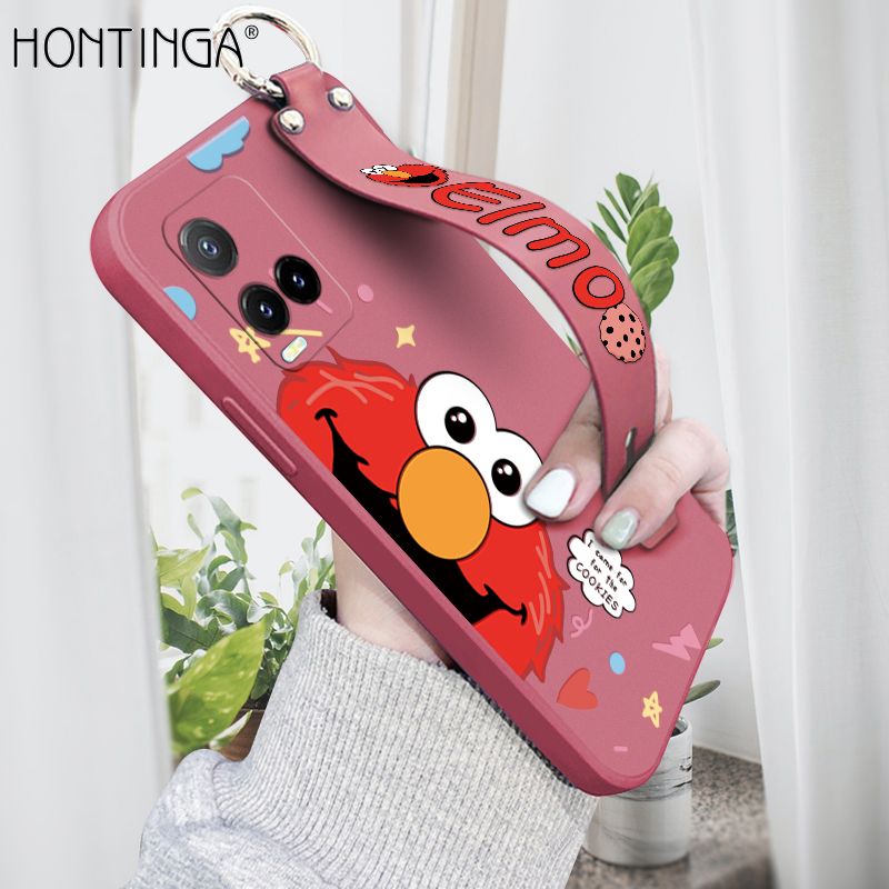 Hontinga for Vivo Y33S Wrist Strap Case Cute Cute Cartoon Little Monster Cover Trend Square Printed Pattern Liquid Silicone Phone Case