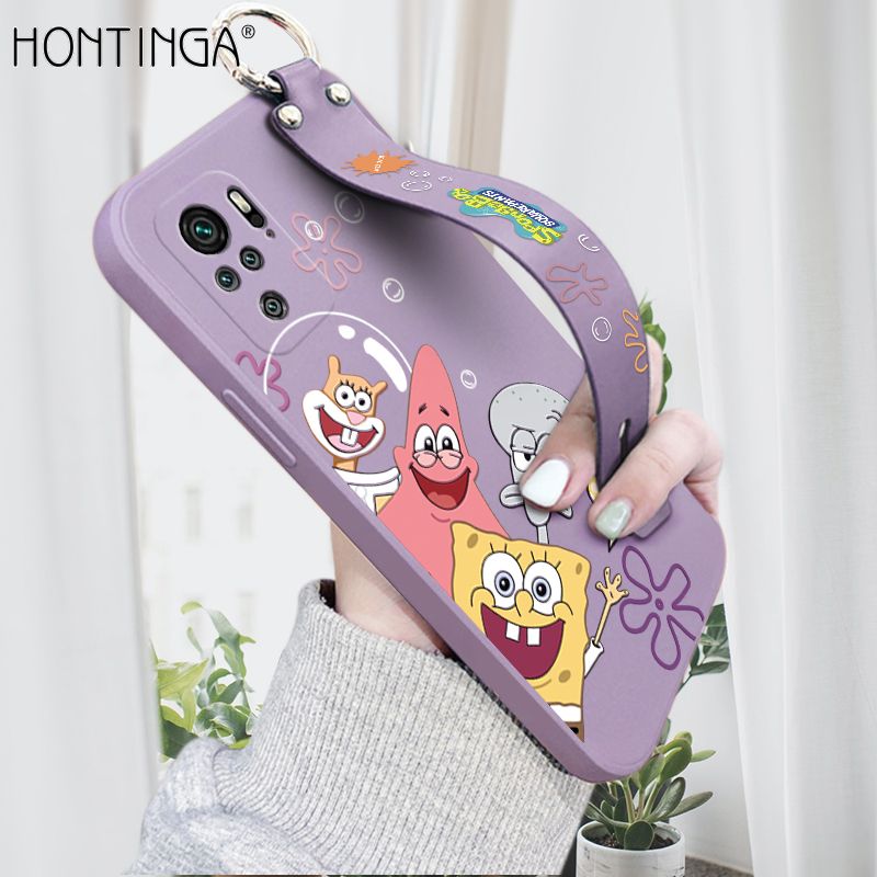 Hontinga for Xiaomi Redmi Note 10S Wrist Strap Case Cute Cute Funny Cartoon Sponge for Square Pants Cover Square Edge Liquid Silicone Anti-drop Phone Case