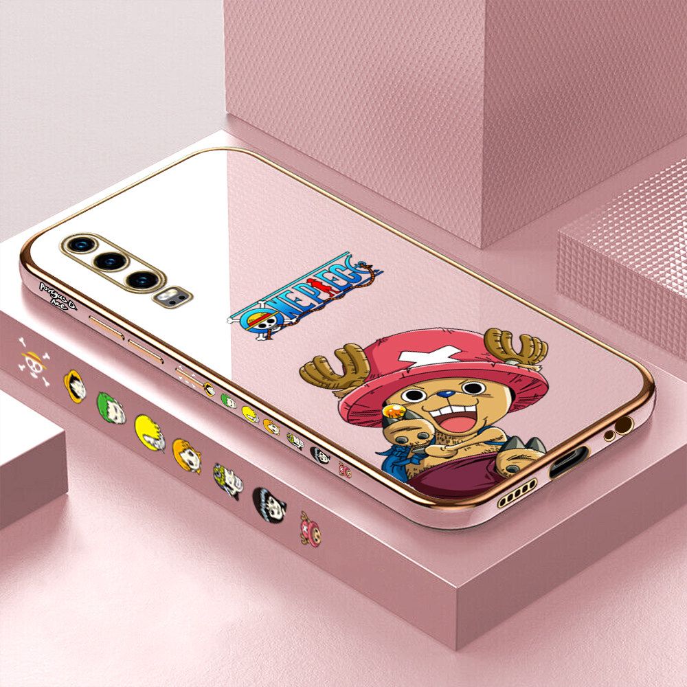 Luxury 6D Plating Case for Huawei P30 Cartoon Anime Choba Side Pattern Back Cover Soft Silicone Square Frame Shiny Bling Phone Cases + Free Lanyard