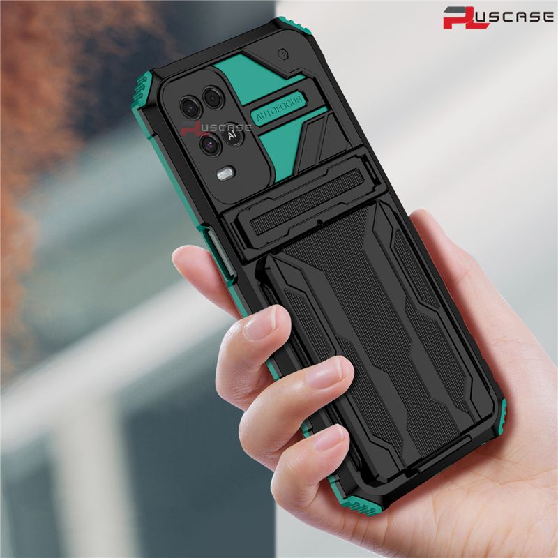 PlusCase for OPPO A54 Case Card Slot Holder Lens Protect Casing Kickstand Shockproof Phone Back Cover