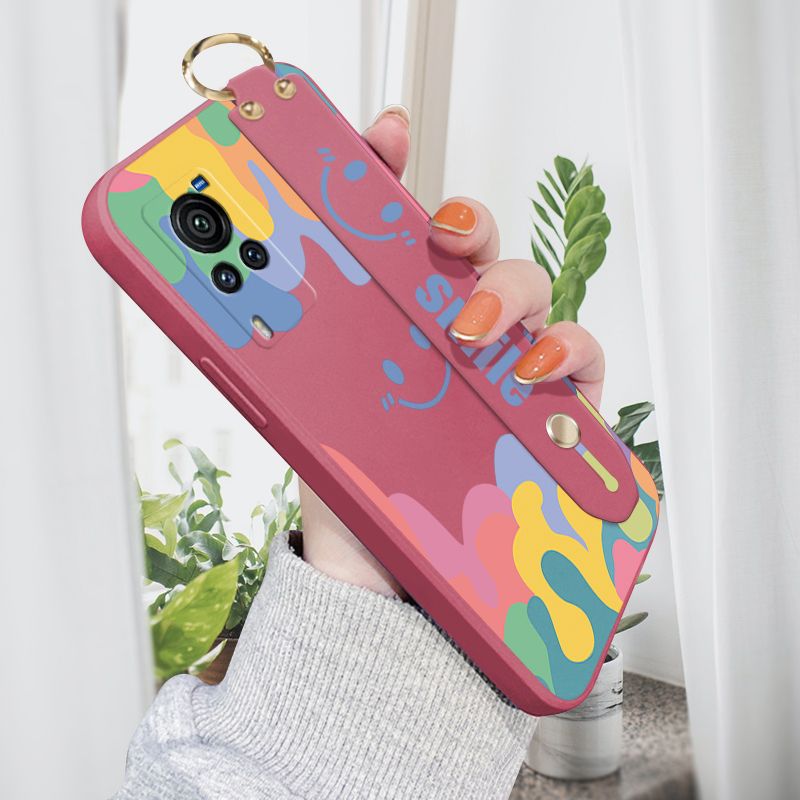 Jizetin for Vivo X60 Pro 5G Wrist Strap Case Soft Candy Color Splash Ink Cover Ultra Thin Anti Fall Liquid Silicone Phone Case