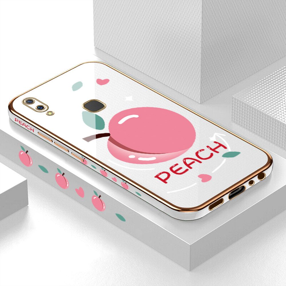 Luxury 6D Plating Case for Vivo V9 Cartoon Simple Peach Side Pattern Back Cover Soft Silicone Square Frame Shiny Bling Phone Cases + Free Lanyard