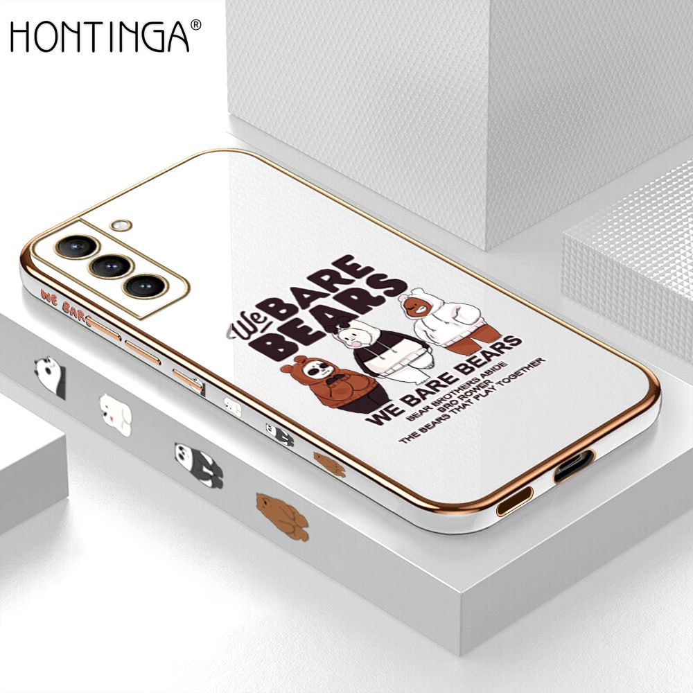 Hontinga for Samsung S21 Plus 5G Back Cover + Free Lanyard Luxury 6D Plating Cute Three Bears Side Pattern Case Soft Silicone Square Mobile Cover