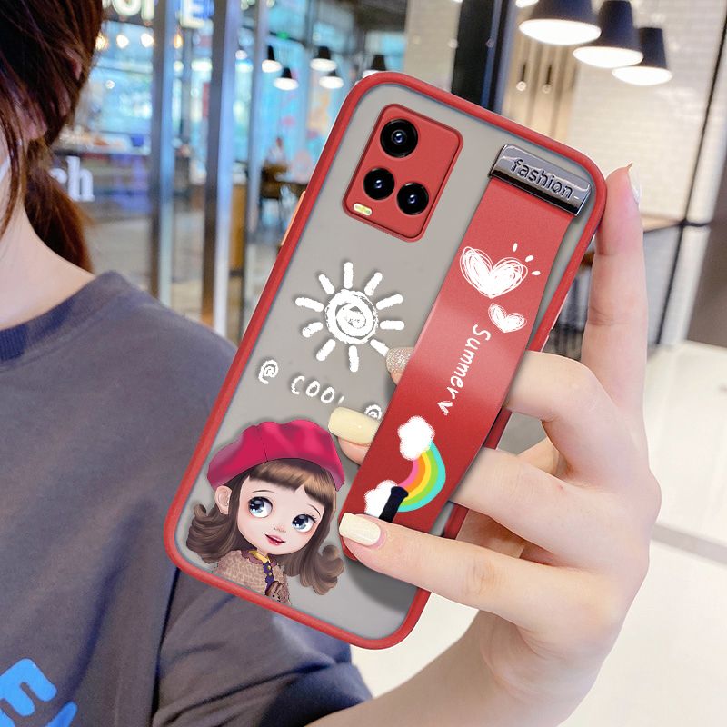UCUC for Vivo Y33S Wrist Strap Case Lovely Cartoon Red Hat Girl Wristband Printing Cover Shockproof Frosted Phone Case