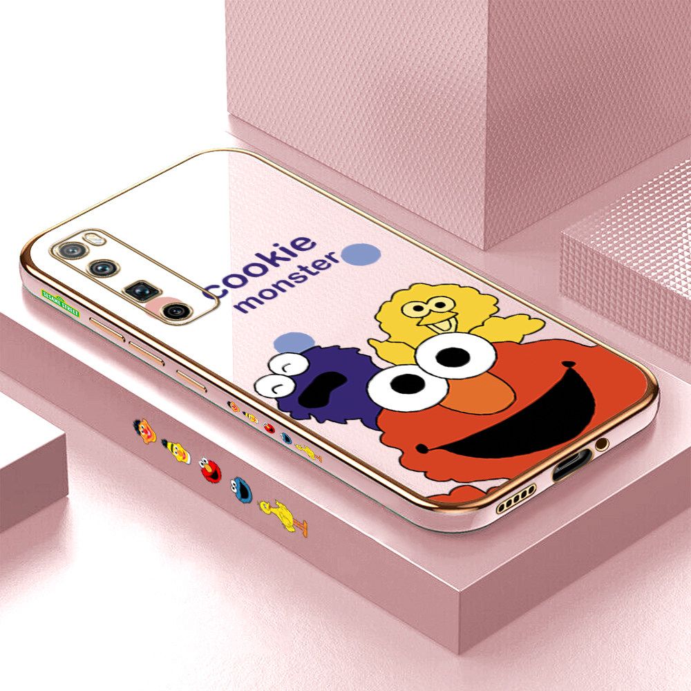 Luxury 6D Plating Case for Huawei Nova 7 Pro Color Cute Cartoon Sesame Monsters Side Pattern Back Cover Soft Silicone Square Frame Shiny Bling Phone Cases + Free Lanyard