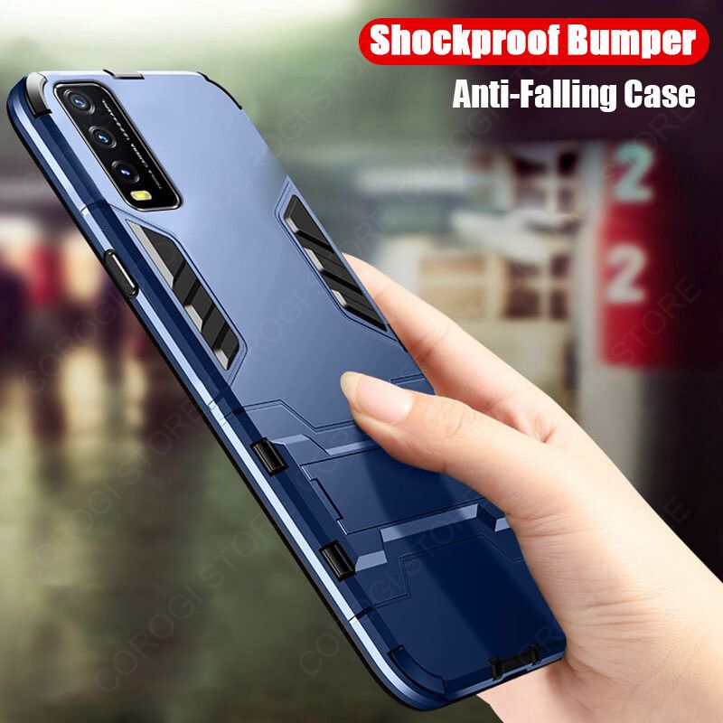 For Vivo Y20 2021 Cover Shockproof Hybrid Armor Stand Holder Design Phone Case Hard Plastic Soft TPU Silicone Bumper Protective Back Cover