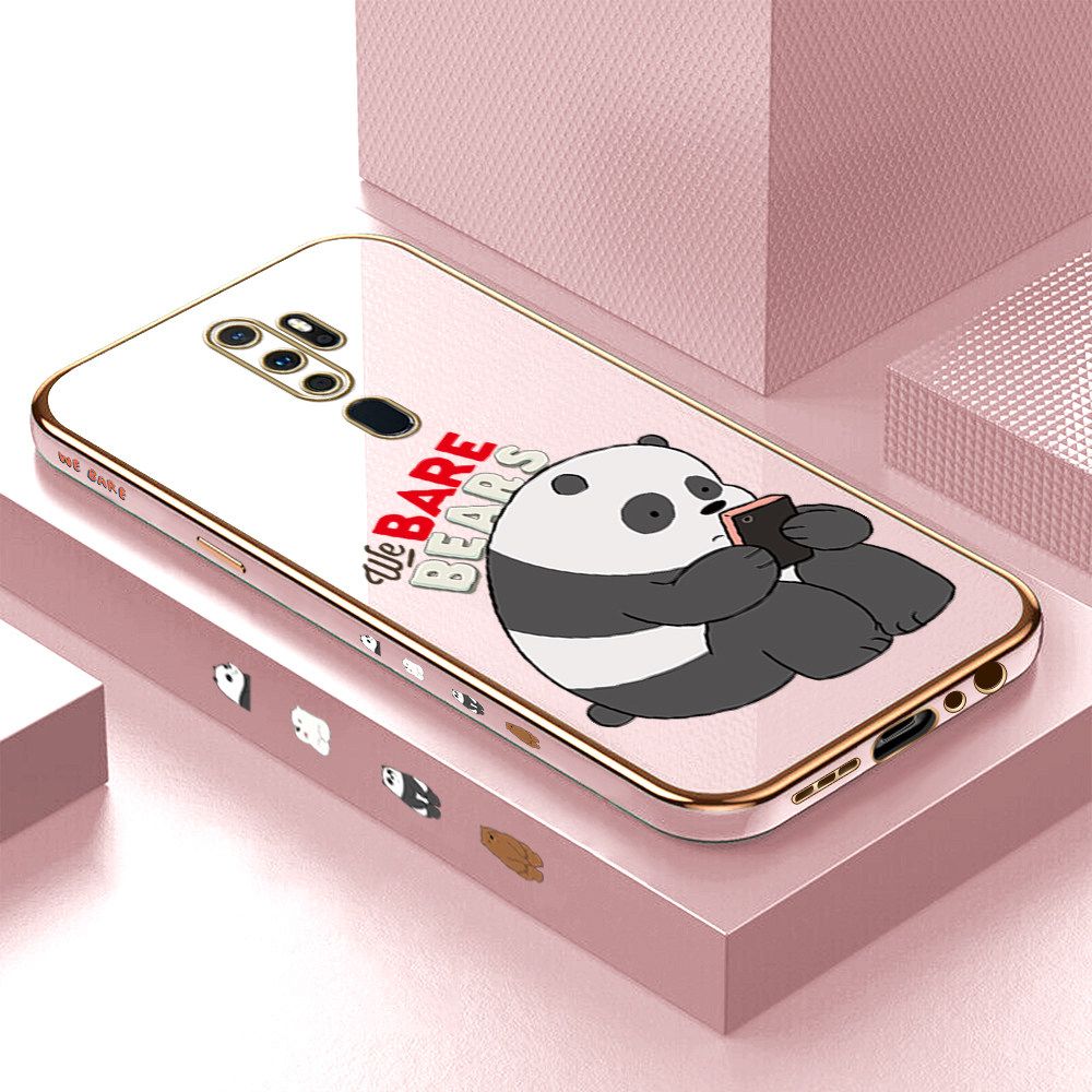 Luxury 6D Plating Case for OPPO A9 2020 Cartoon Panda Side Pattern Back Cover Soft Silicone Square Frame Shiny Bling Phone Cases + Free Lanyard