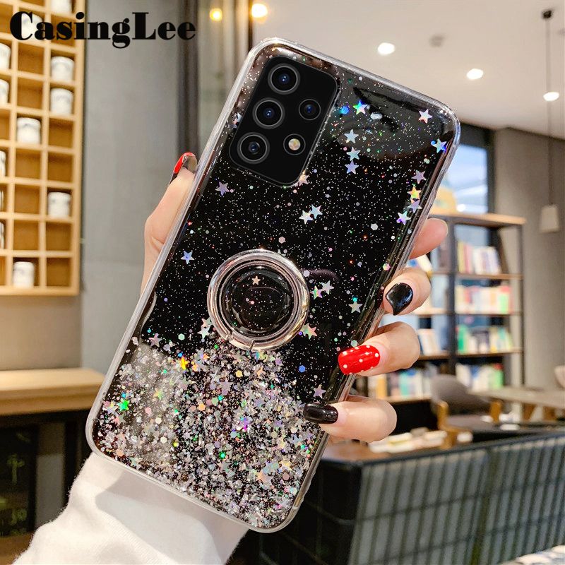Casinglee for Galaxy M32 5G case Shiny Ring Glitter Soft Transparent Holder Stand Back cover with String for Samsung M32 5G Phone cases cover Stars Moon Girls