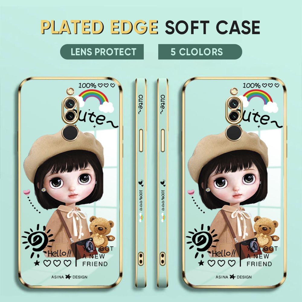 Luxury 6D Plating Case for Redmi 8 Back Cover Cute Satchel Girl Side Pattern Soft Silicone Square Phone Cases