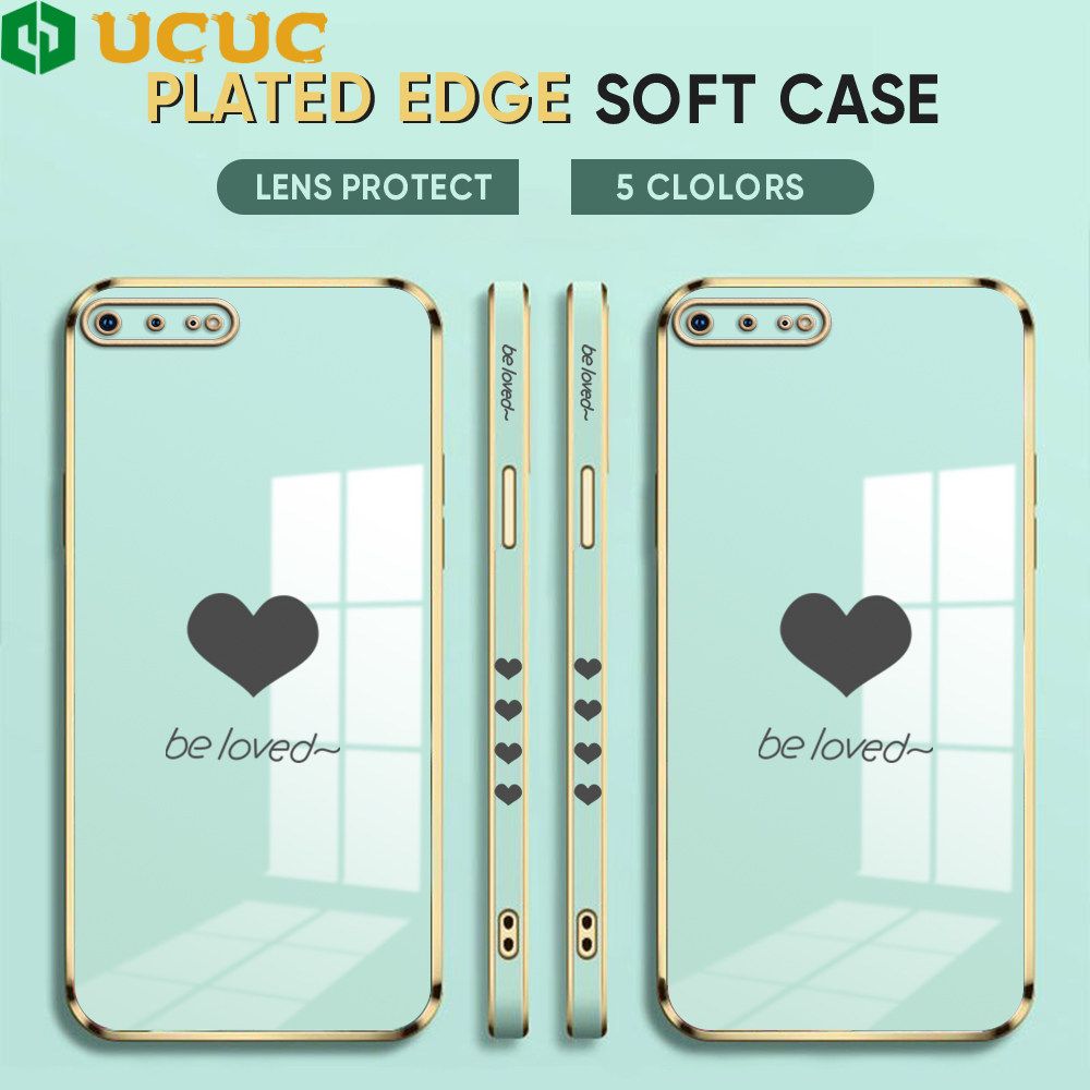 UCUC for iPhone 7 Plus 8 Plus Back Cover + Free Lanyard Lover Heart Luxury 6D Plating Case Side Pattern Soft Silicone Square Phone Cases