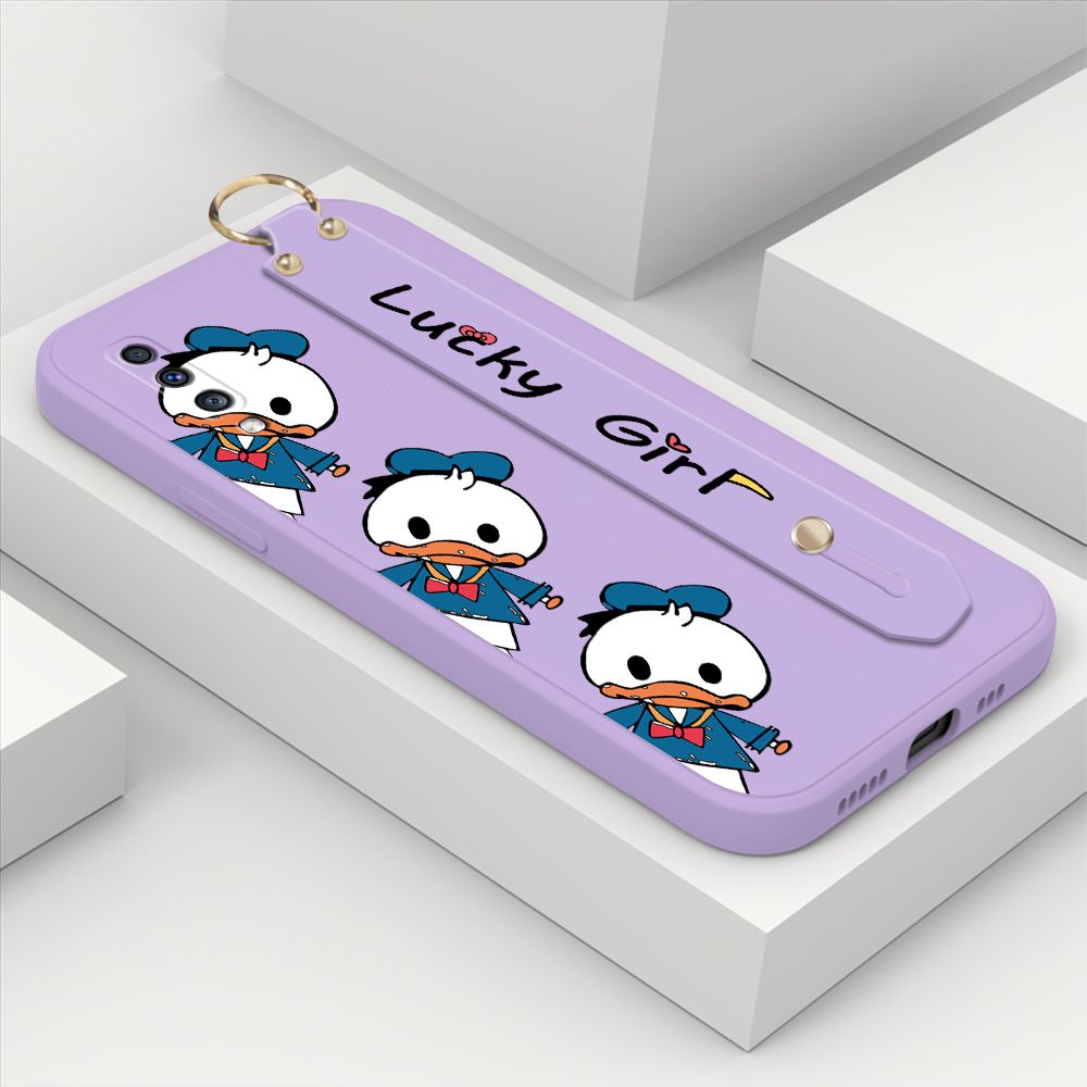 ZeroQiQi for Samsung Galaxy A70S Wrist Strap Case Cute Cartoon Little Duck Phone Case Square Edge Liquid Silicone Case Full Cover Camera Shockproof Protective Cases