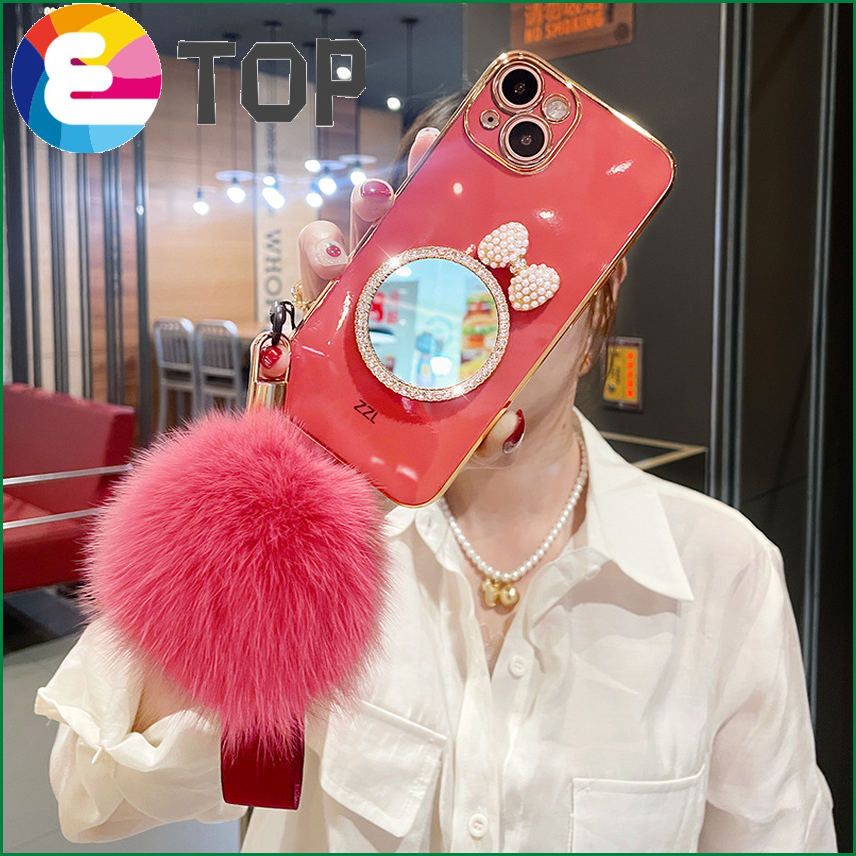 Suitable for Apple Huawei mobile phone shell iPhone/huawei silicone all-inclusive makeup mirror autumn and winter hair ball bow