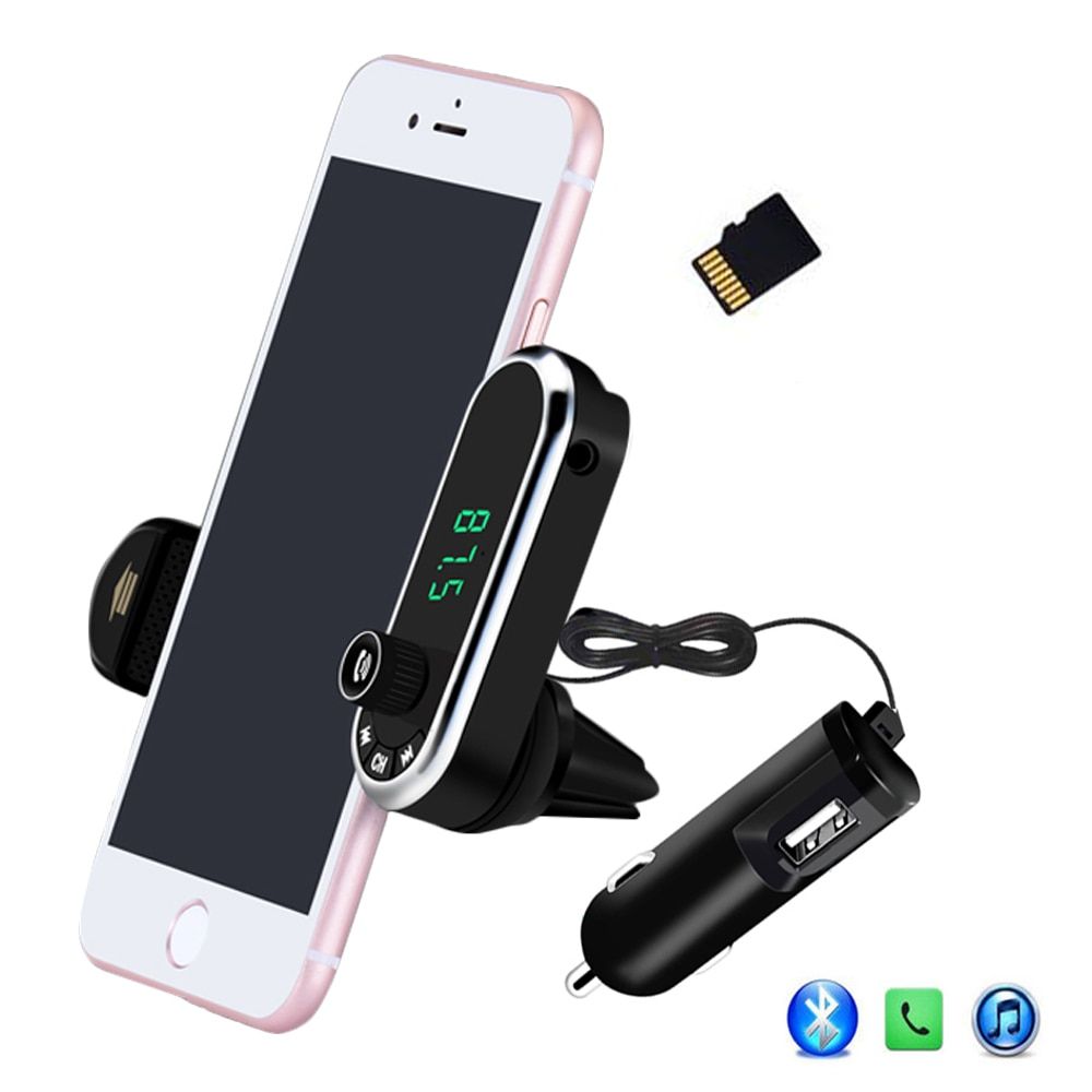 JINSERTA Wireless Bluetooth Hands Free FM Tran_s_mitter TF AUX Modulator Car Kit MP3 Player Air vent Holder Stand Car Phone Holder