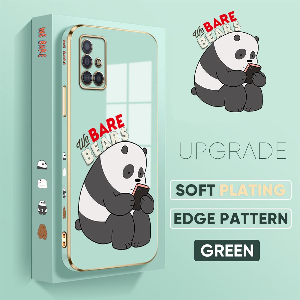 Jizetin (Free Lanyard) Samsung A51 Cover Panda Reading Luxury 6D Plating Soft Casing Silicone Square Frame Phone Case Shiny Bling Back Cover