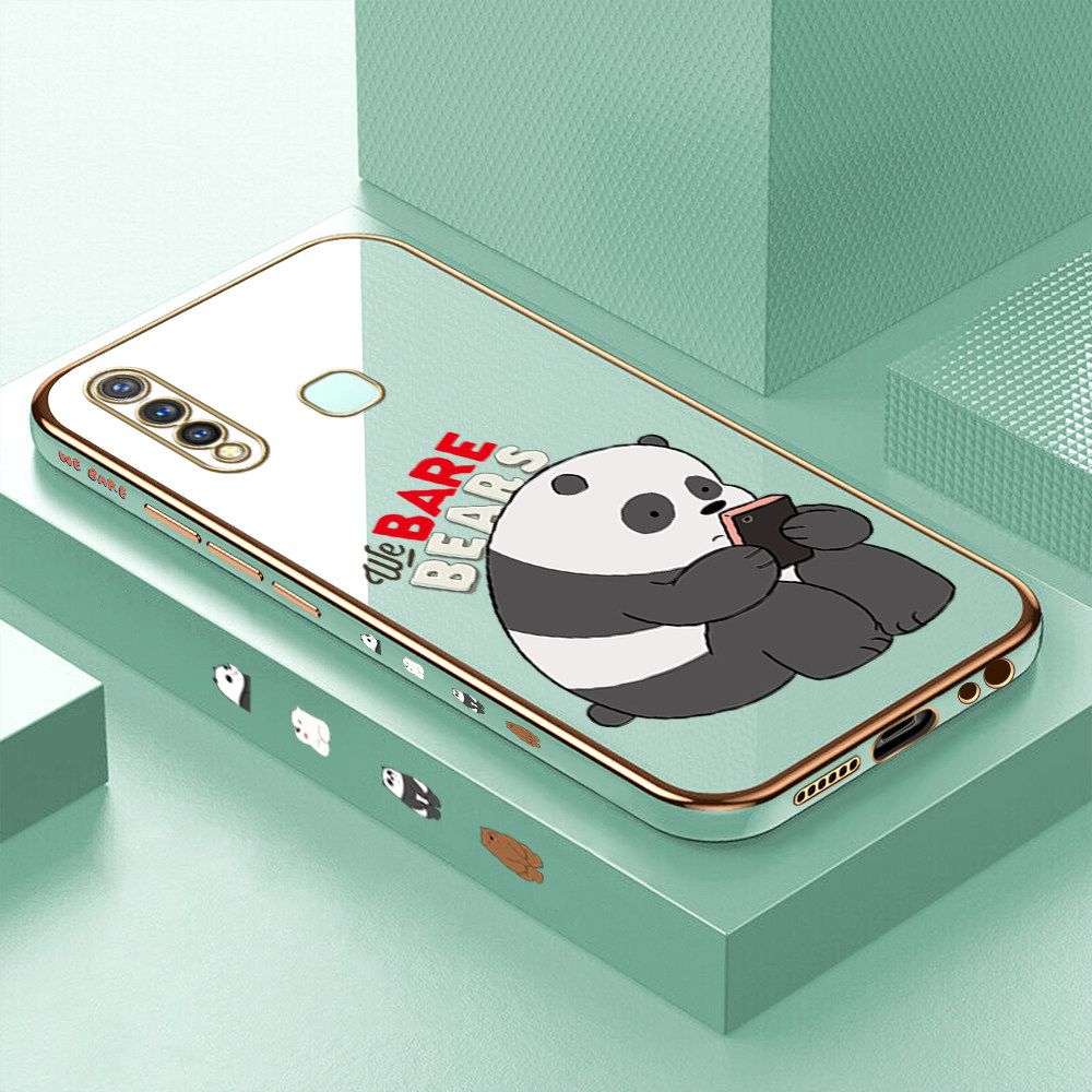 Luxury 6D Plating Case for Vivo Y19 Cartoon Panda Side Pattern Back Cover Soft Silicone Square Frame Shiny Bling Phone Cases + Free Lanyard