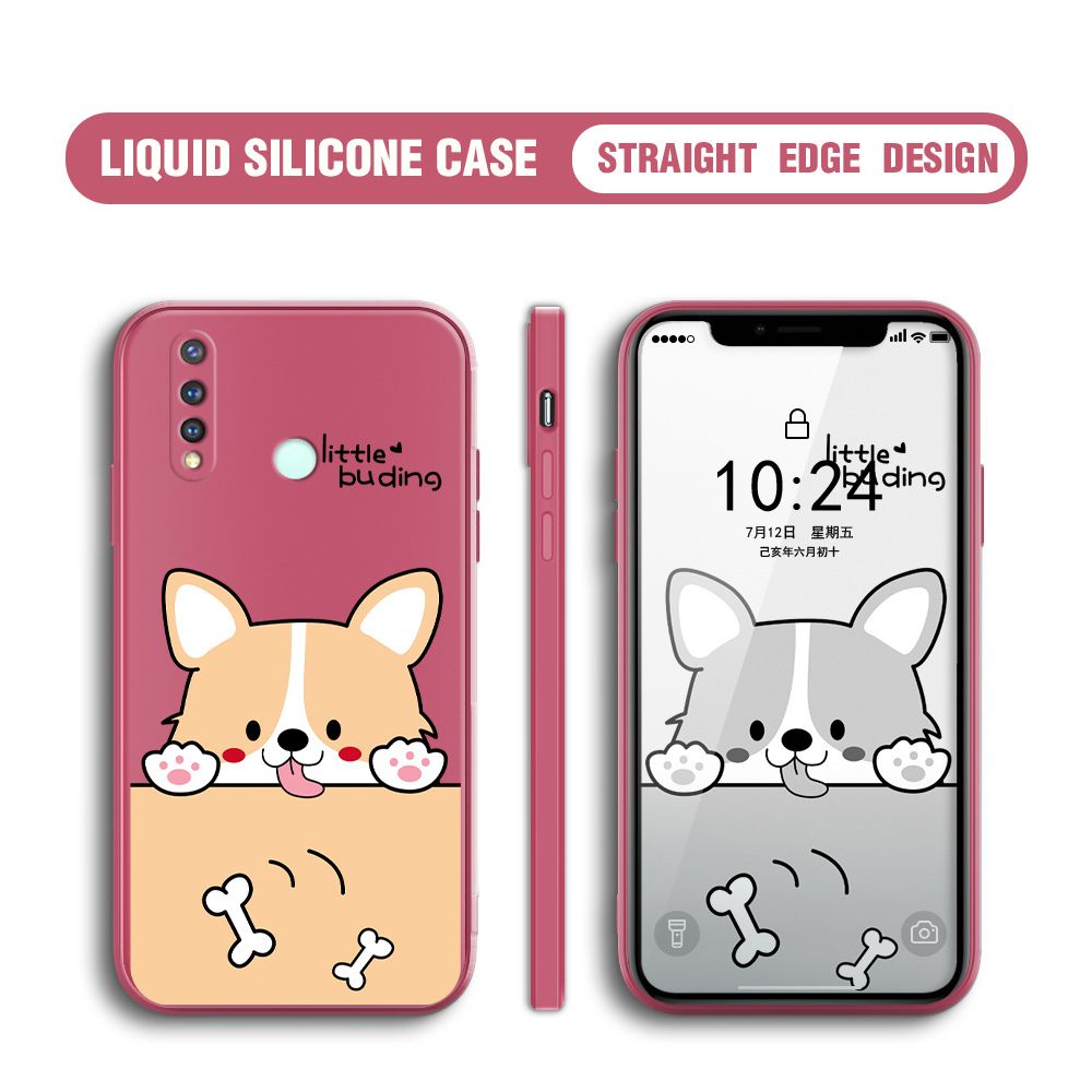 BILI for Vivo Y19 Back Cover Corgi and Bones Multicolor Liquid Silicone Phone Case Soft Square Lens Protection Phone Cases