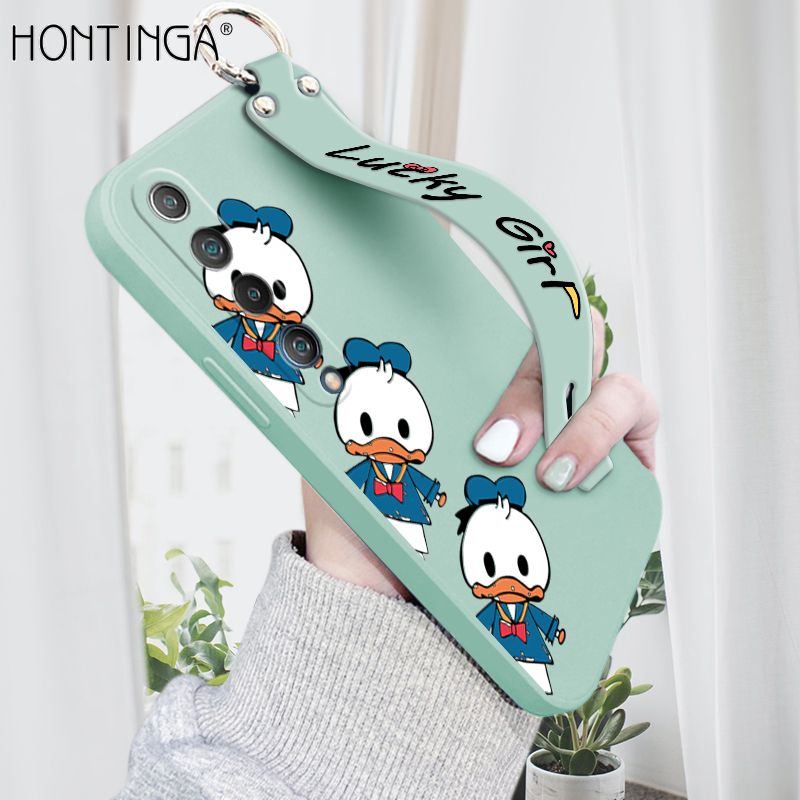 Hontinga for Xiaomi Mi 10 Wrist Strap Case Cute Cartoon Little Duck Phone Case Square Edge Liquid Silicone Case Full Cover Camera Shockproof Protective Cases
