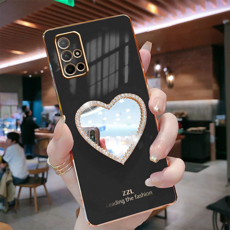 For Samsung Galaxy M51 Cover with Makeup Mirror Shiny Plating Square Bumper Girls Phone Case Soft TPU Silicone Shockproof Protective Back Cover