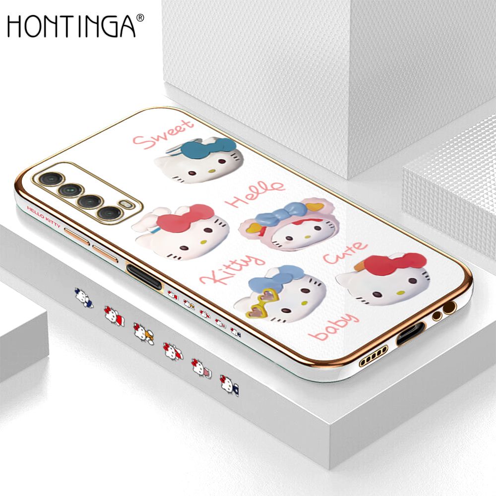 Hontinga for Huawei Y7A Back Cover + Free Lanyard Luxury 6D Plating Cartoon Cute Kitty Side Pattern Case Soft Silicone Square Phone Cases