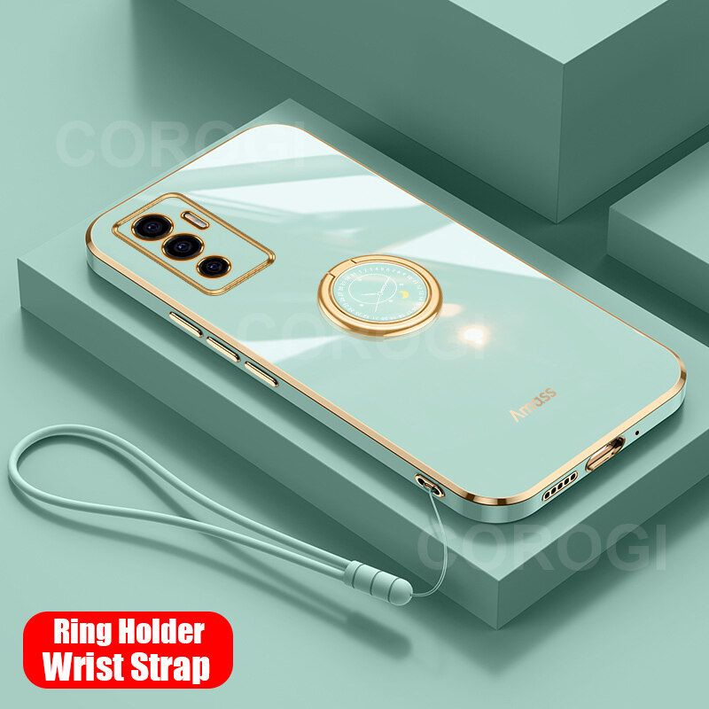 For Vivo V23e Back Cover with Ring Holder Stand + Wrist Strap Shiny Plating Square Bumper Protective Case Soft Silicone Shockproof Mobile Phone Cases