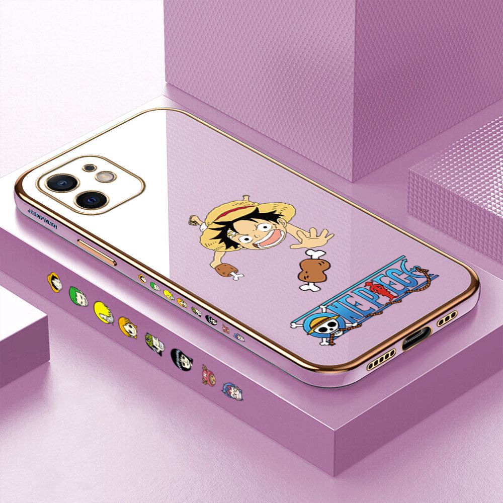 Luxury 6D Plating Case for iPhone 12 Gluttonous Cartoon Luffy Side Pattern Back Cover Soft Silicone Square Frame Shiny Bling Phone Cases + Free Lanyard