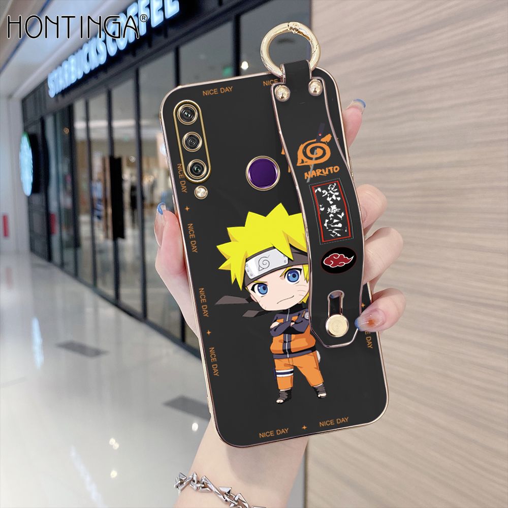 Hontinga for Huawei Y6P Back Cover With Wristband Luxury 6D Plating Anime Naruto Uzumaki Case Soft Silicone Square Phone Cases