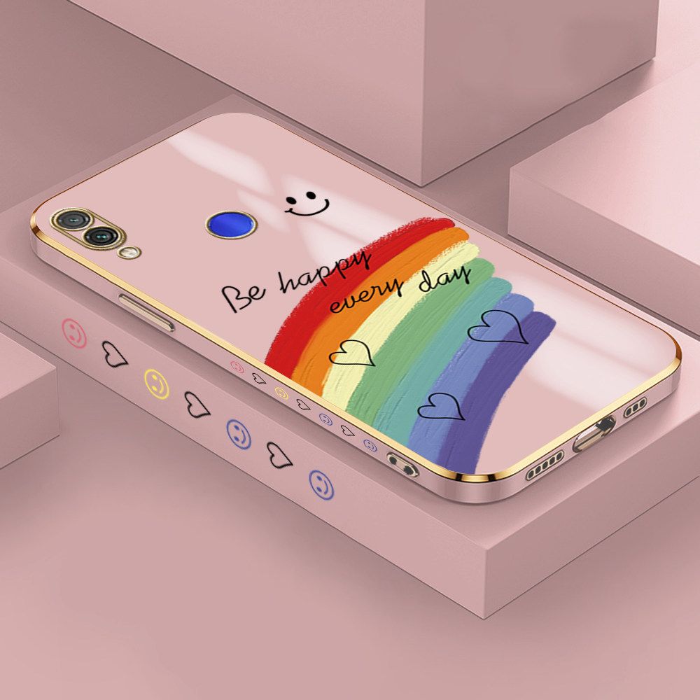 Jizetin (Free Lanyard) Redmi Note 7 Pro / Redmi Note 7 Case Rainbow Doodle Luxury 6D Plating Soft Casing Silicone Ultra Thin Phone Cover