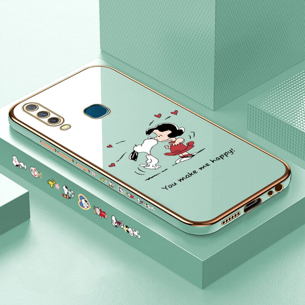 Luxury 6D Plating Case for Vivo Y12 Happy Cartoon Puppy Side Pattern Back Cover Soft Silicone Square Frame Shiny Bling Phone Cases + Free Lanyard