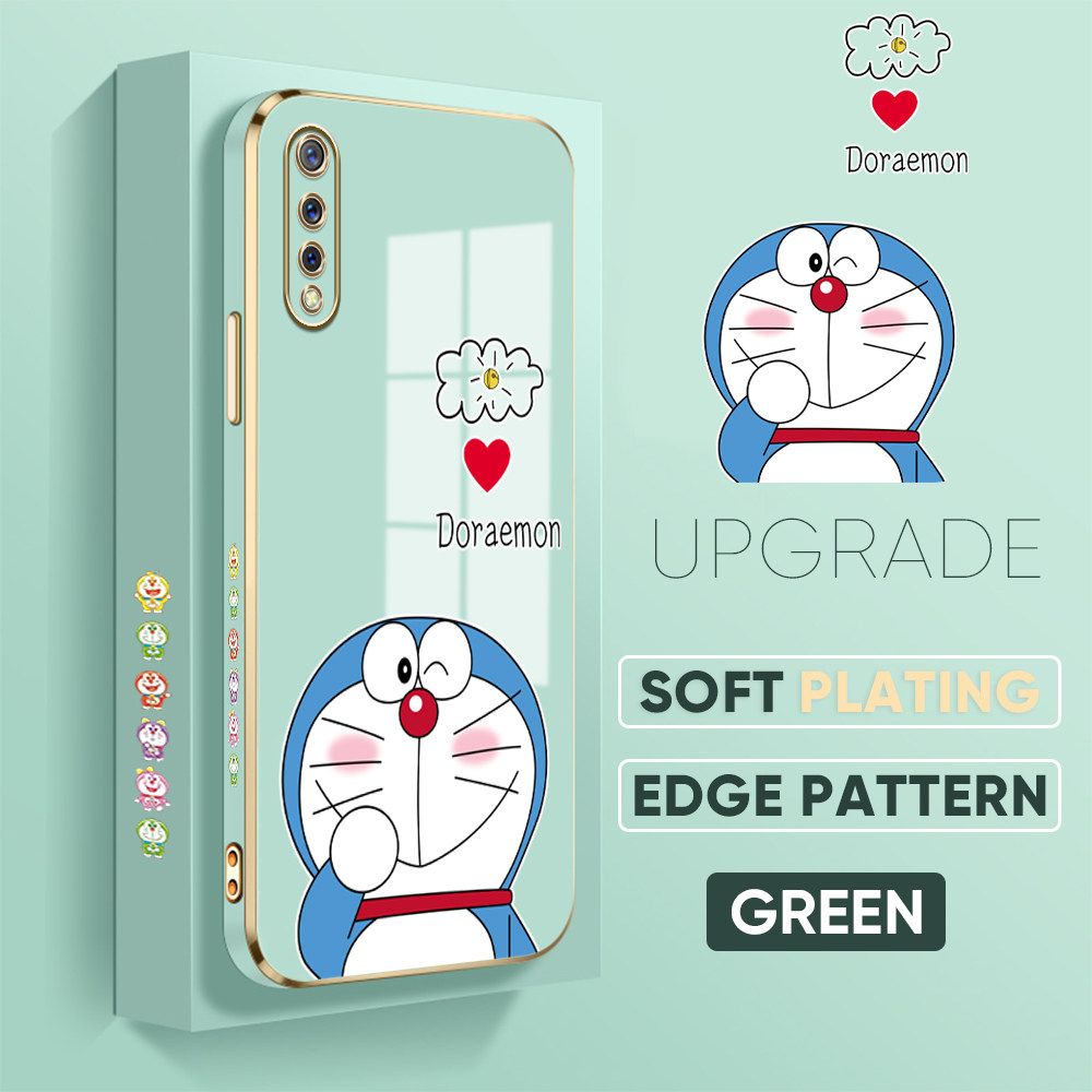 UCUC for Vivo S1 Back Cover + Free Lanyard Sneak Doraemon Luxury 6D Plating Case Side Pattern Soft Silicone Square Phone Cases