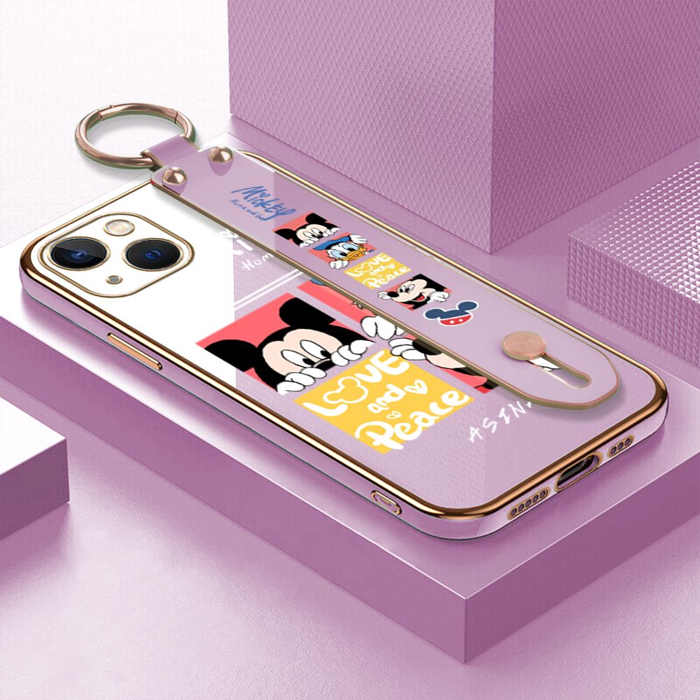 Jizetin for iPhone 13 Back Cover Lovely Mouse Luxury 6D Plating Wrist Strap Phone Cases Soft Silicone Square Mobile Phone Case