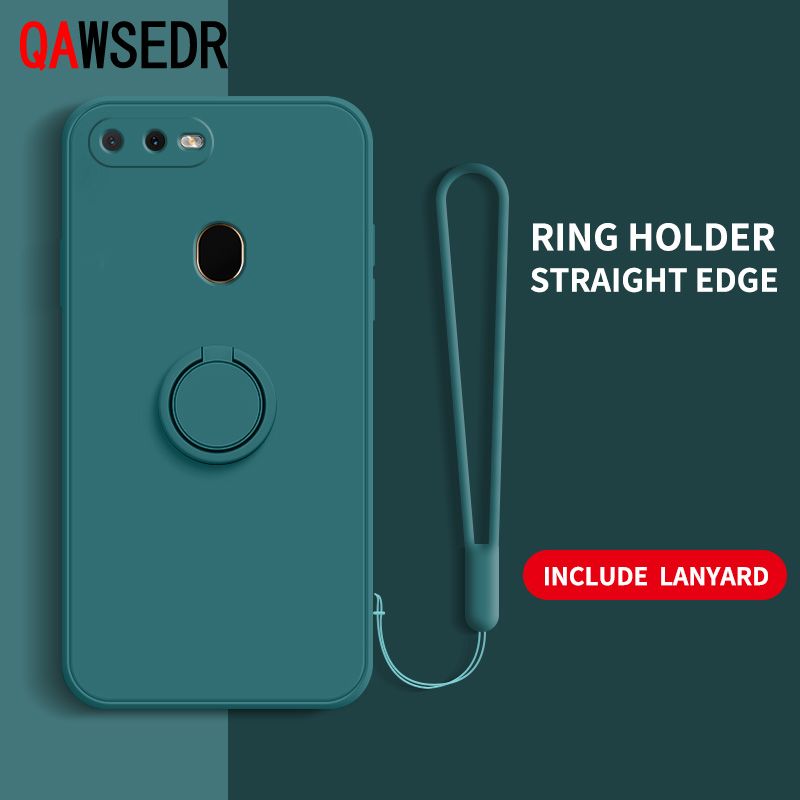 Ring Holder Case For OPPO A5S A12 A11K  A7  F9 Pro A7X Straight edge Liquid Silicone Precise Camera Coverage Casing Soft Phone Cover with Stand Lanyard