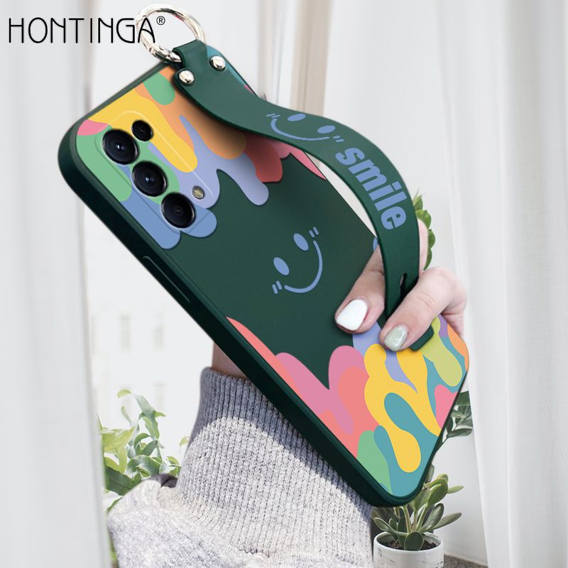 Hontinga for OPPO Reno5 Wrist Strap Case Soft Candy Color Splash Ink Cover Trend Square Printed Pattern Liquid Silicone Phone Case