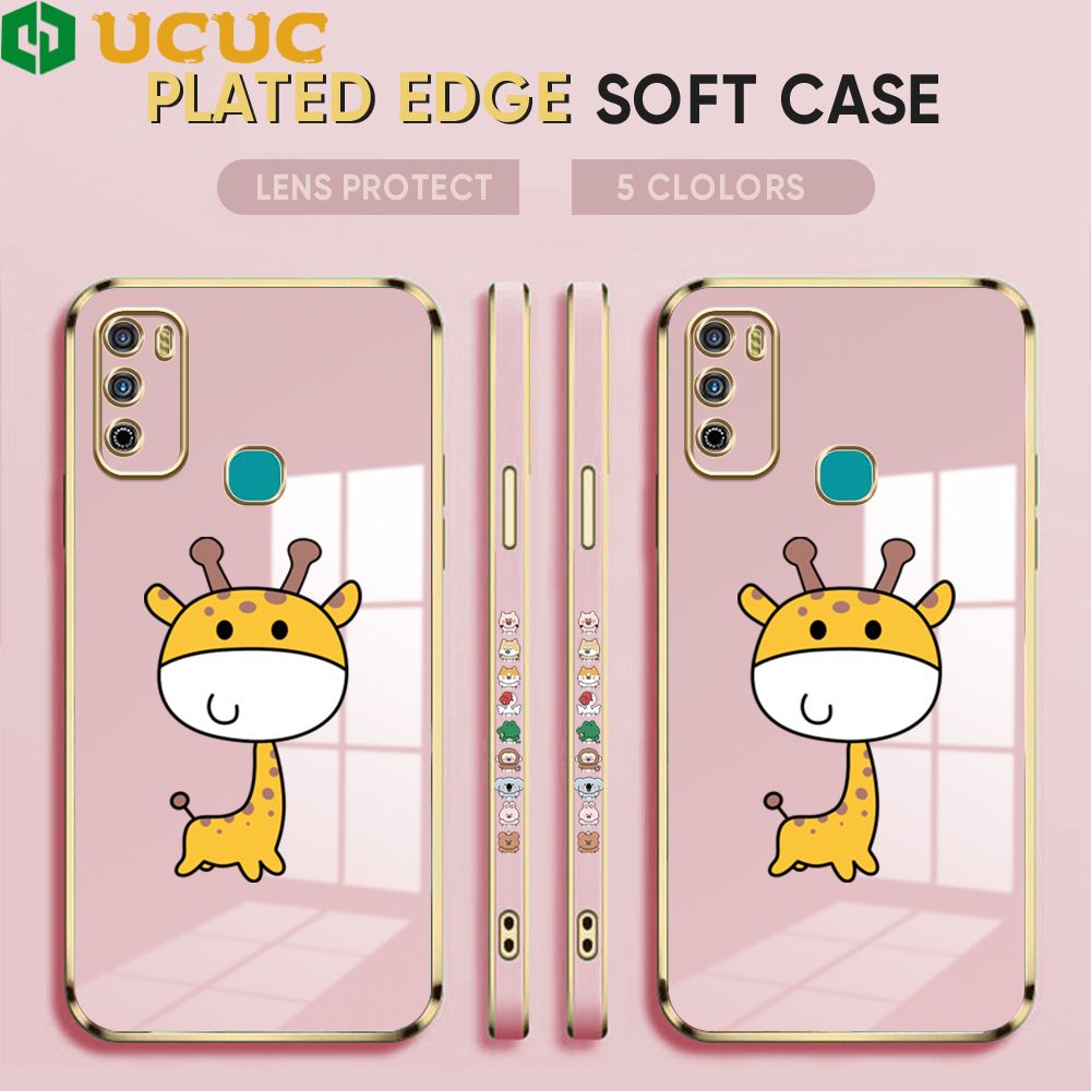 UCUC for Infinix Hot9 Play X680 Back Cover + Free Lanyard Big Head Giraffe Luxury 6D Plating Case Side Pattern Soft Silicone Square Phone Cases
