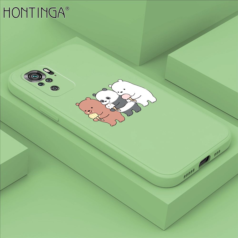 Hontinga for Redmi Note 10 4G / Note 10S Case Cute Cartoon Bear  Phone Case Soft Square Edge Silicone Cases Full Lens Cover Shockproof Protection Cover