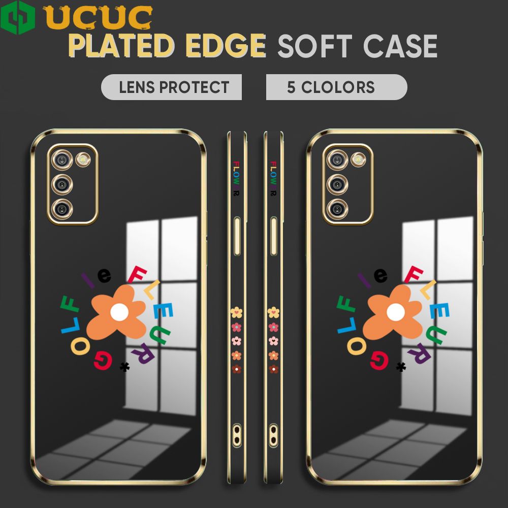 UCUC for Samsung Galaxy A02S M02S Back Cover + Free Lanyard Colorful Flower Luxury 6D Plating Case Side Pattern Soft Silicone Square Phone Cases