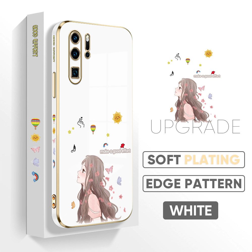 TA for Huawei P30 Pro Back Cover + Free Lanyard Charming Girl Luxury 6D Plating Case Side Pattern Soft Silicone Square Phone Cases