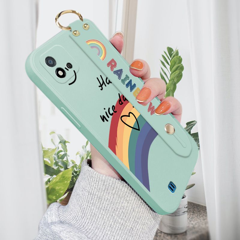 Jizetin for Realme C11 2021 / C20 / C20A Wrist Strap Case INS Style Smile Rainbow Cover Ultra Thin Anti Fall Liquid Silicone Phone Case