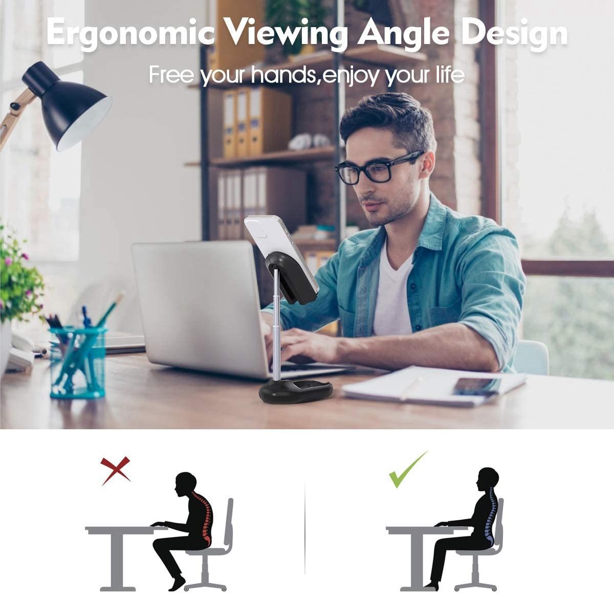Licheers Cell Phone Stand, Angle Height Adjustable Foldable Phone Holder for Desk, for All Phone/iPad/Tablet (Black)