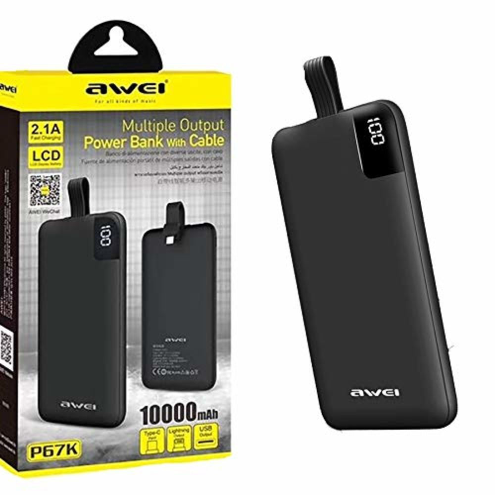 AWEI P67K 10000 mah Multiple Output Power Bank With Cable-Black