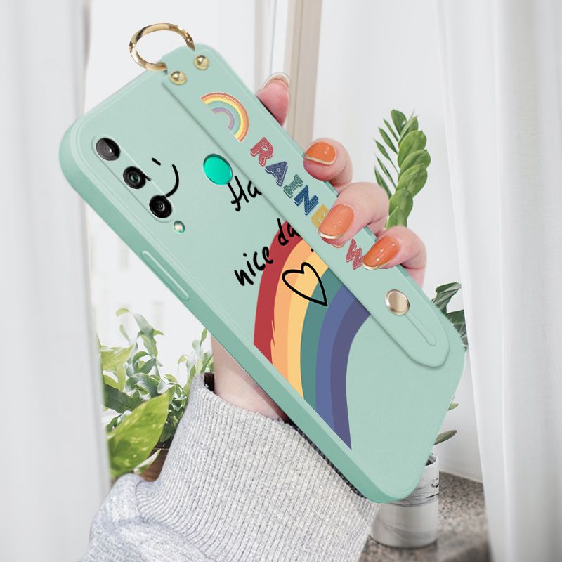 Jizetin for Huawei Y7P Wrist Strap Case INS Style Smile Rainbow Cover Ultra Thin Anti Fall Liquid Silicone Phone Case
