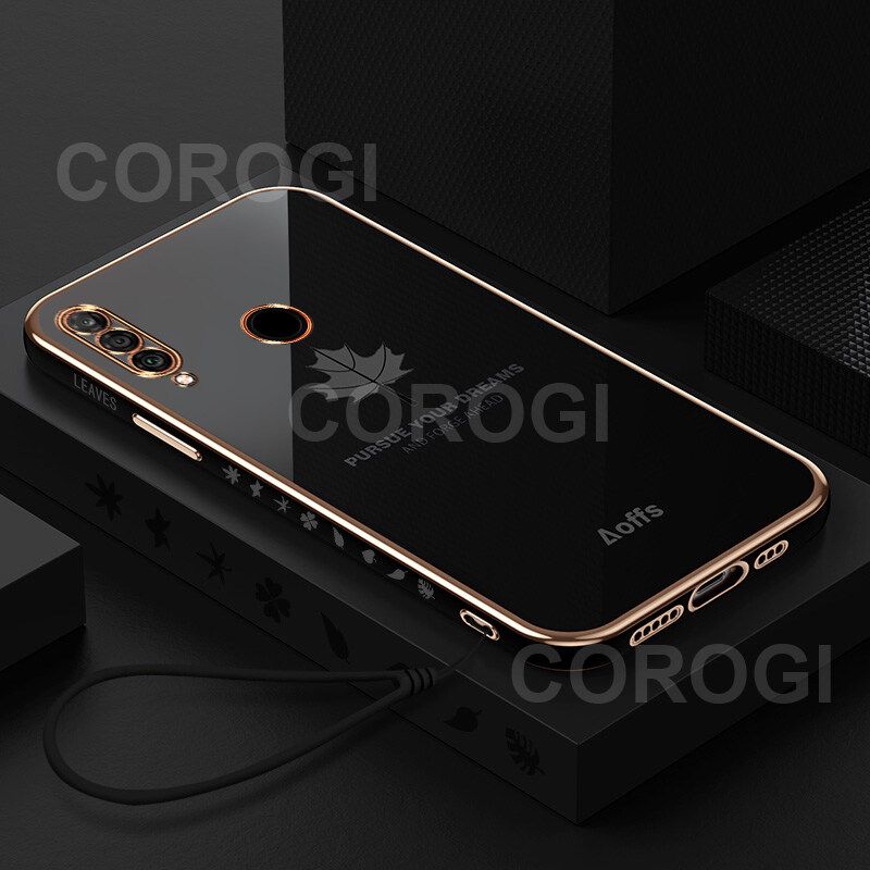 For Huawei Y9 Prime 2019 Cover + Wrist Strap Fashion Shiny Maple leaf Plating Square Bumper Phone Case Soft TPU Silicone Shockproof Protective Back Cover