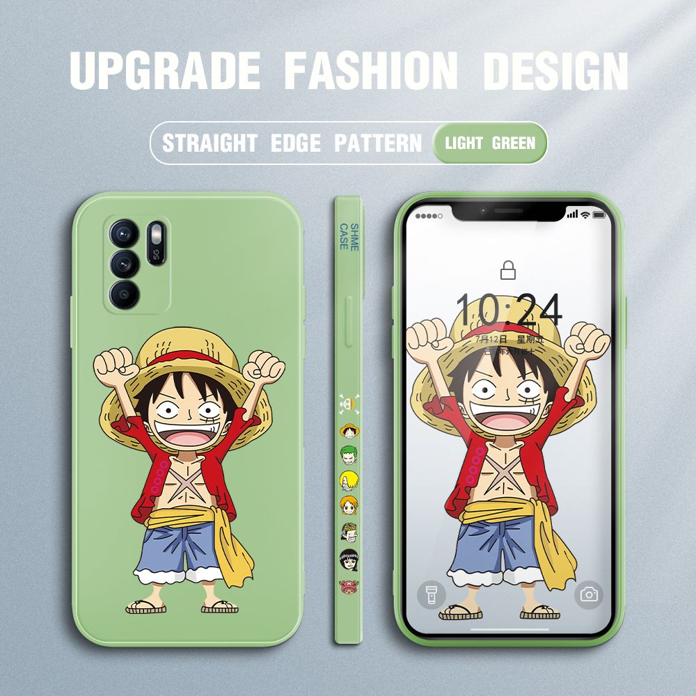 Jizetin for OPPO Reno6 Z 5G Case Anime One-Piece Monkey D. Luffy Anime Side Design Phone Case Square Edge Pattern Liquid Silicone Cases Full Cover Camera Shockproof Protective Case
