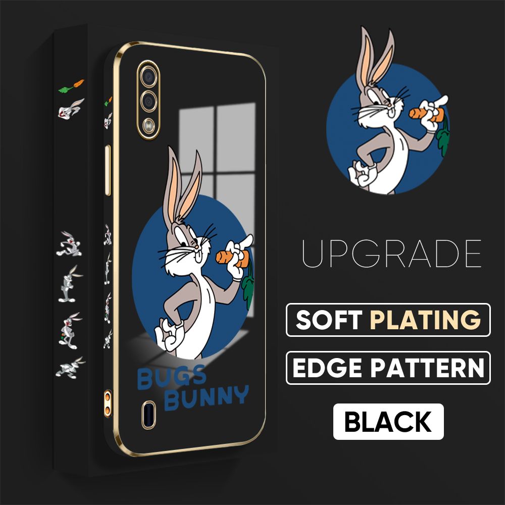 Jizetin (Free Lanyard) Samsung Galaxy A01 Back Cover Anime Rabbit Luxury 6D Plating Case Side Pattern Soft Silicone Square Mobile Phone Cases