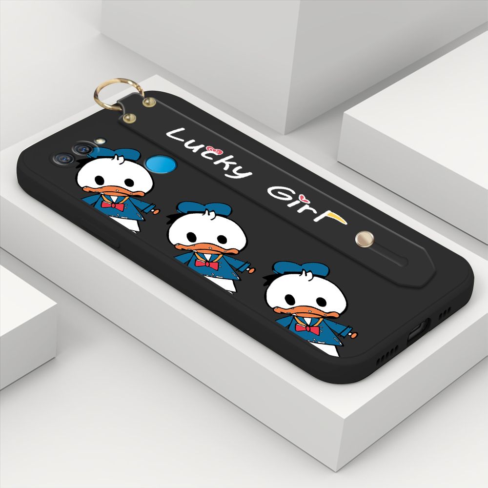 ZeroQiQi for OPPO A12S Wrist Strap Case Cute Cartoon Little Duck Phone Case Square Edge Liquid Silicone Case Full Cover Camera Shockproof Protective Cases
